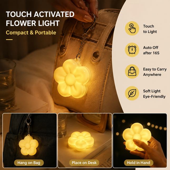 Yellow Touch Activated Flower Keychain Light Cute Portable LED Night Light Keyring Mini Rechargeable