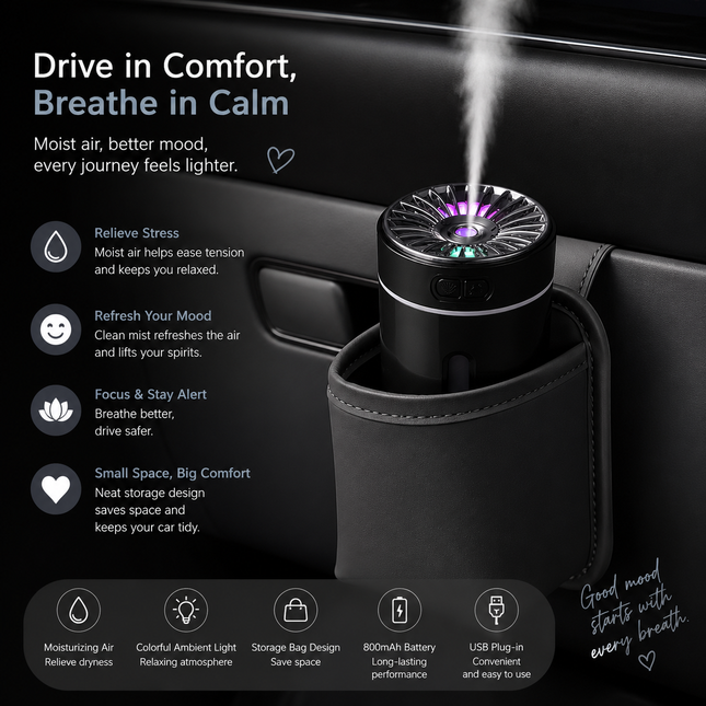 Black Car Aroma Diffuser Humidifier with Storage Box USB Powered Car Air Freshener Mist Maker – product detail