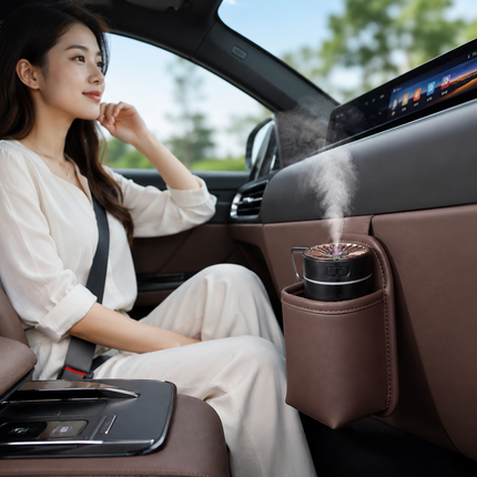 Black Car Aroma Diffuser Humidifier with Brown Storage Box, USB Powered Car Air Freshener Mist Maker, Portable Vehicle Humidifier with Organizer Holder, Essential Oil Diffuser for Auto Interior Decoration