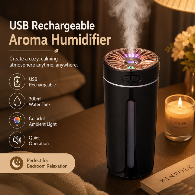 Black USB Rechargeable Car Aroma Diffuser Humidifier with Ambient Light 300ml Portable Mist Air Freshener