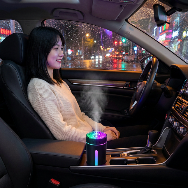 Black USB Rechargeable Car Aroma Diffuser Humidifier with Ambient Light 300ml Portable Mist Air Freshener – product detail
