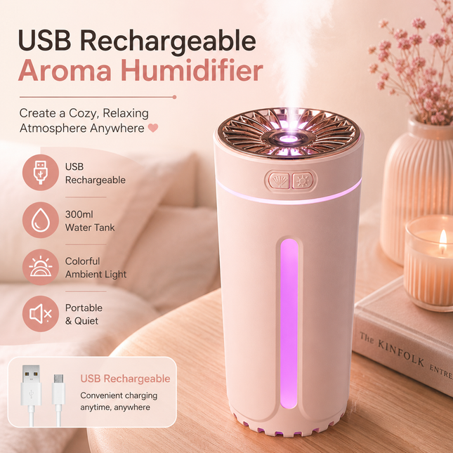 Pink USB Rechargeable Car Aroma Diffuser Humidifier with Ambient Light 300ml Portable Mist Air Freshener