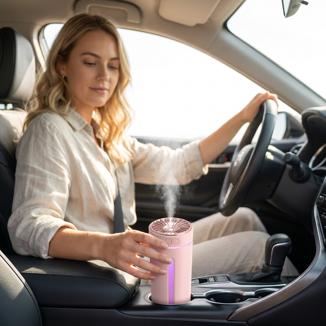 Pink USB Rechargeable Car Aroma Diffuser Humidifier with Ambient Light 300ml Portable Mist Air Freshener – product detail