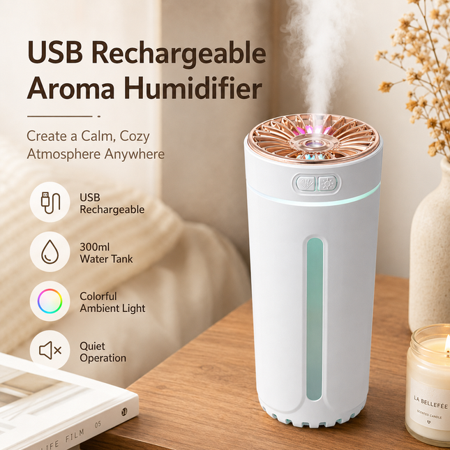 White USB Rechargeable Car Aroma Diffuser Humidifier with Ambient Light 300ml Portable Mist Air Freshener