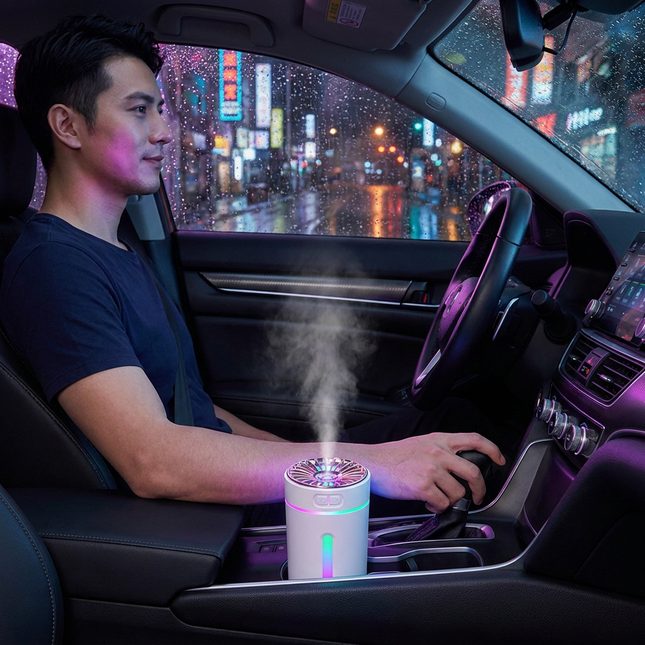 White USB Rechargeable Car Aroma Diffuser Humidifier with Ambient Light 300ml Portable Mist Air Freshener – product detail