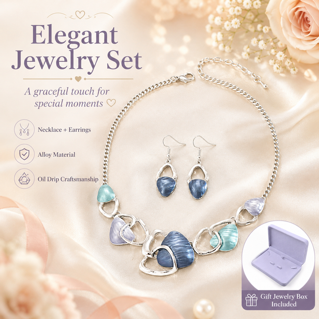 Blue Elegant Oil Drip Necklace and Earrings Set for Women Irregular Design Alloy Jewelry Set