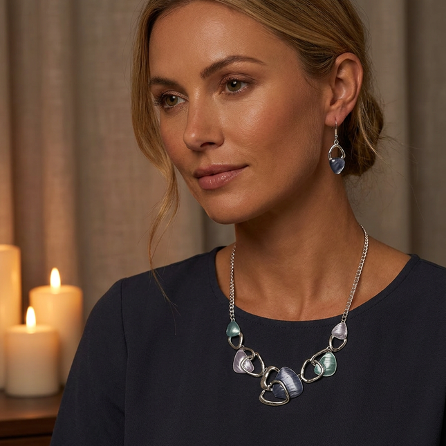 Blue Elegant Oil Drip Necklace and Earrings Set for Women Irregular Design Alloy Jewelry Set – product detail