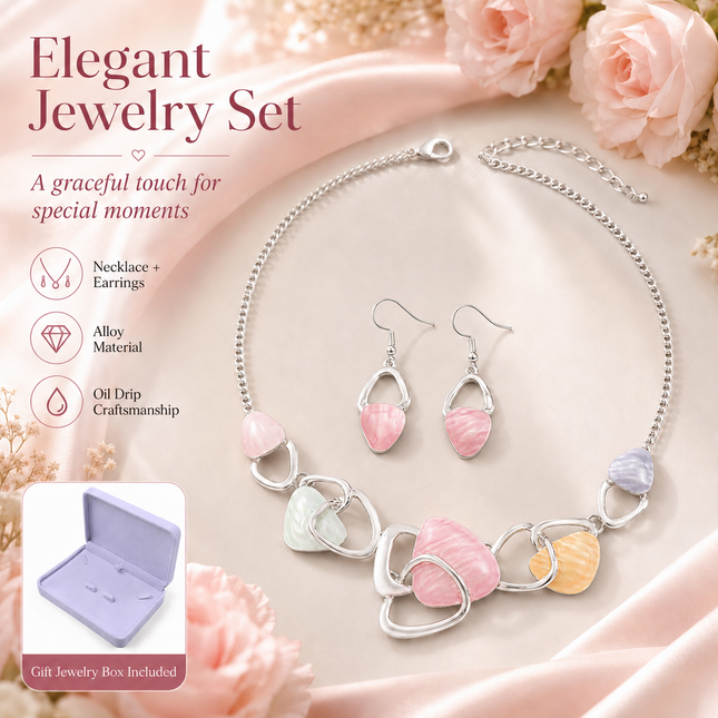 Pink Elegant Oil Drip Necklace and Earrings Set for Women Irregular Design Alloy Jewelry Set