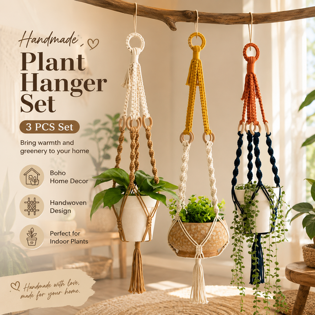 Handmade Plant Hanger Set 3 PCS Boho Macrame Hanging Planter Basket with Cotton Rope Woven
