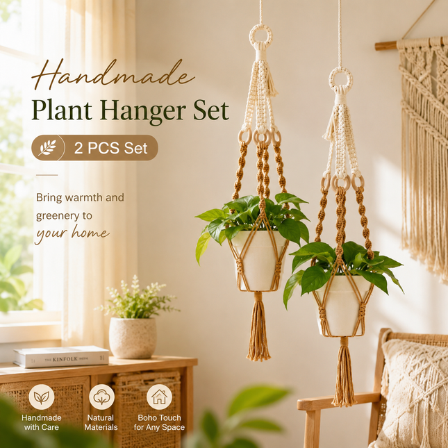Handmade Plant Hanger Set 2 PCS(Type A) Macrame Hanging Planter Basket with Cotton Rope Woven