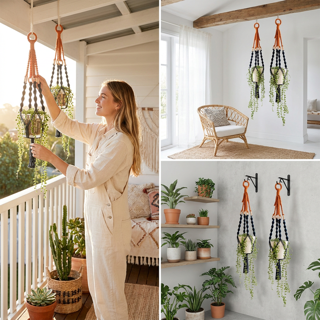 Handmade Plant Hanger Set 2 PCS(Type C) Macrame Hanging Planter Basket with Cotton Rope Woven – product detail