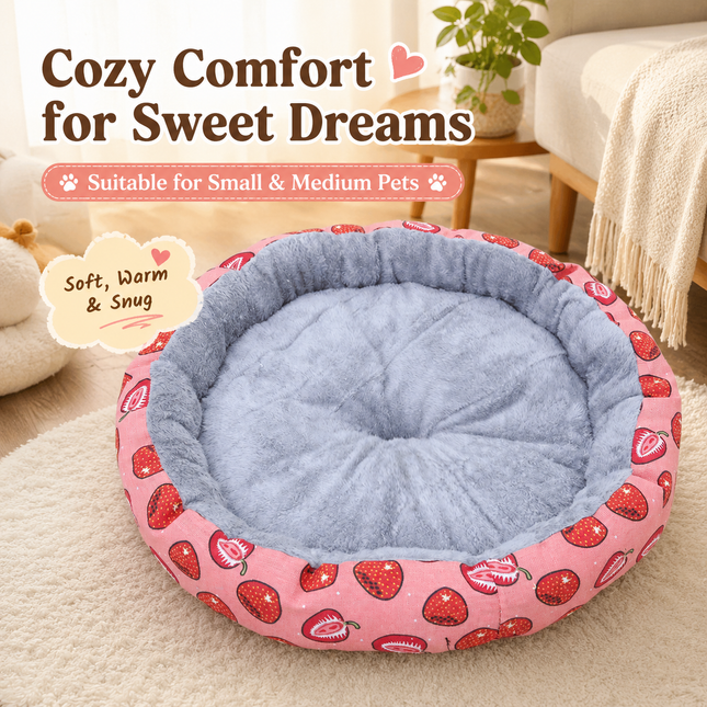 Round Pet Bed for Small Dogs and Cats Soft Plush Calming Cat Bed with Strawberry Pattern (Diameter