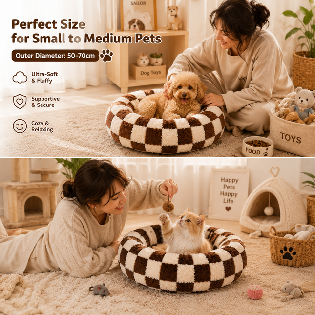 Small Medium Pet Donut Bed (Coffee plaid)-40cm outer diameter Soft Plush Round Dog Bed and – product detail