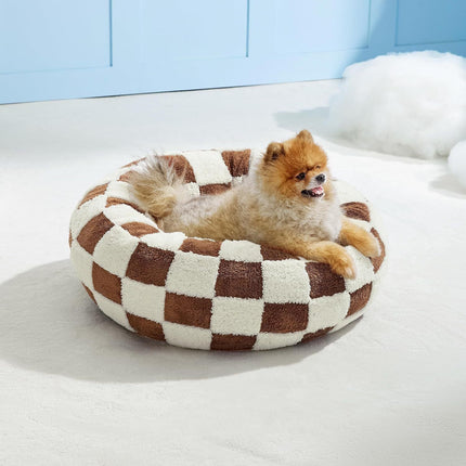 Small Medium Pet Donut Bed (Coffee plaid)-40cm outer diameter, Soft Plush Round Dog Bed and Cat Bed with Raised Rim, Cozy Calming Pet Sleeping Cushion, Checkered Washable Puppy Bed for Indoor Small Dogs Cats and Kittens