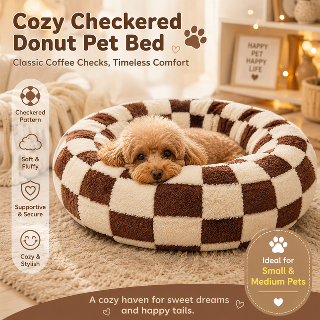 Small Medium Pet Donut Bed (Coffee plaid) -50cm outer diameter Soft Plush Round Dog Bed V888-ELOSUNG54599