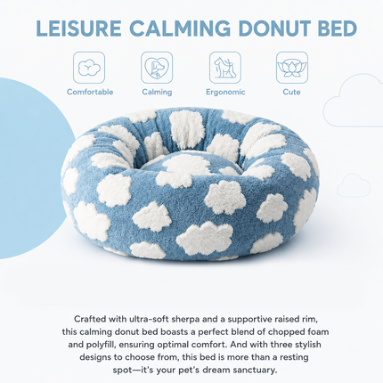 Small Medium Pet Donut Bed (Coffee plaid) -50cm outer diameter, Soft Plush Round Dog Bed and Cat Bed with Raised Rim, Cozy Calming Pet Sleeping Cushion, Checkered Washable Puppy Bed for Indoor Small Dogs Cats and Kittens
