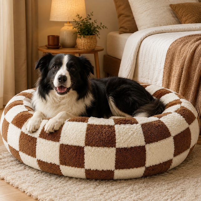 Medium Large Pet Donut Bed (Coffee plaid)-70cm outer diameter Soft Plush Round Dog Bed and – product detail