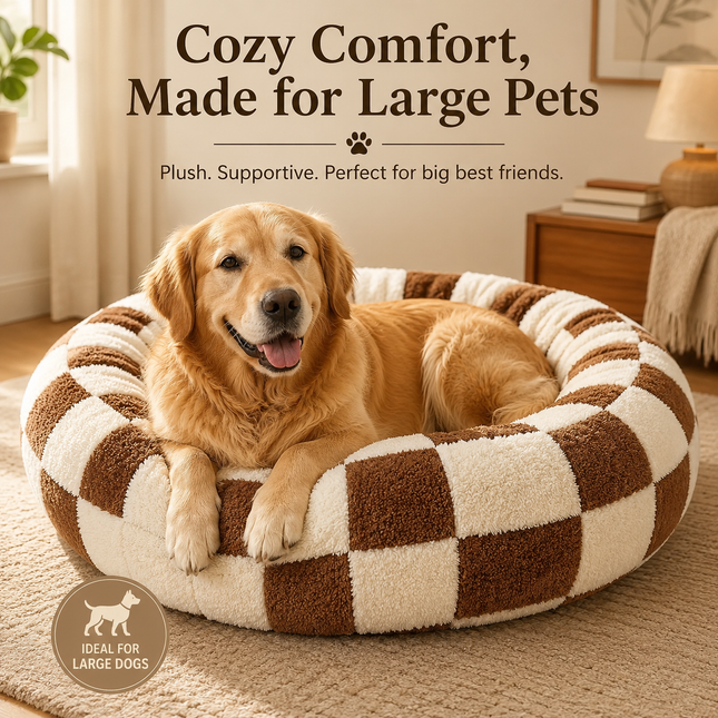 Medium Large Pet Donut Bed (Coffee plaid)-80cm outer diameter Soft Plush Round Dog Bed and