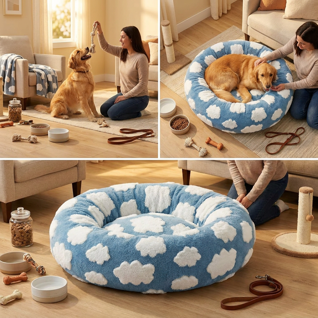 Medium Large Pet Donut Bed (Blue background with white clouds)-70cm outer diameter Soft Plush Round – product detail