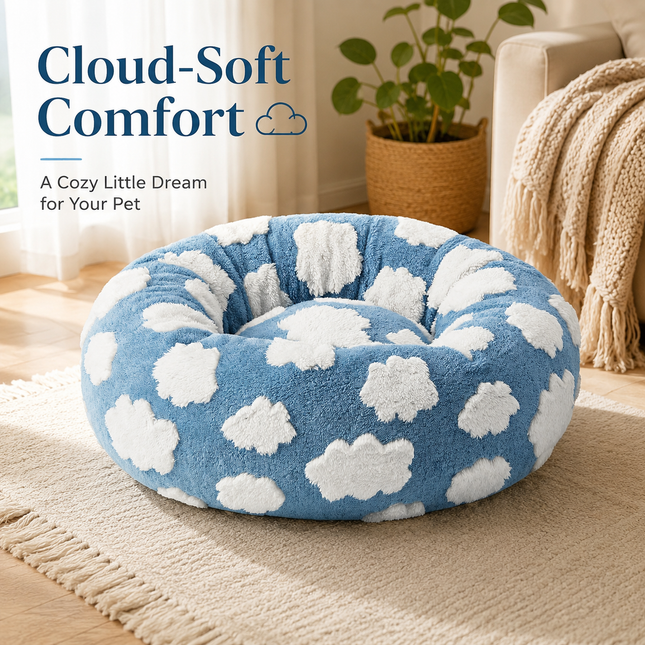 Medium Large Pet Donut Bed (Blue background with white clouds)-90cm outer diameter Soft Plush Round