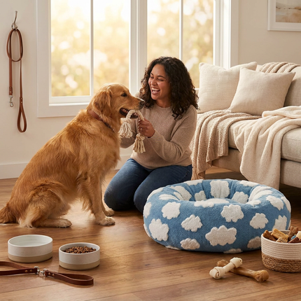 Medium Large Pet Donut Bed (Blue background with white clouds)-90cm outer diameter, Soft Plush Round Dog Bed and Cat Bed with Raised Rim, Cozy Calming Pet Sleeping Cushion, Blue Cloud Pattern Washable Pet Bed for Medium Large Dogs and Cats