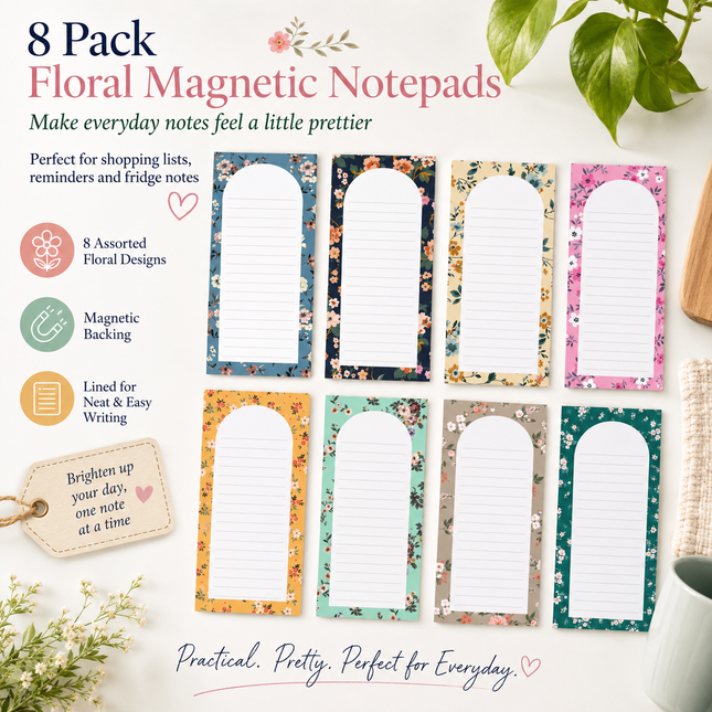 8 Pack Floral Magnetic Notepads for Fridge Cute Shopping List Planner Memo Pads with 25 V888-ELOSUNG54612