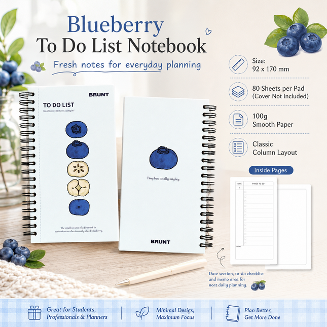 Fruit Series To Do List Notebook (Blueberry) Spiral Bound Journal with Cute Fruit Cover 80