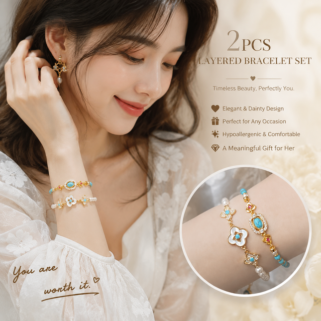 2PCS Vintage Layered Pearl Bracelet Set Elegant Zircon Flower Charm Gold Plated Stackable Bracelets Jewelry