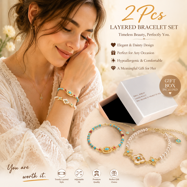 2PCS Vintage Layered Pearl Bracelet Set Elegant Zircon Flower Charm Gold Plated Stackable Bracelets – product detail