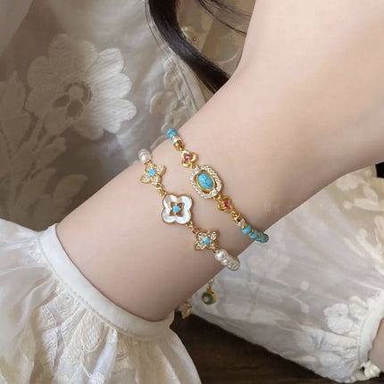 2PCS Vintage Layered Pearl Bracelet Set Elegant Zircon Flower Charm Gold Plated Stackable Bracelets – product features