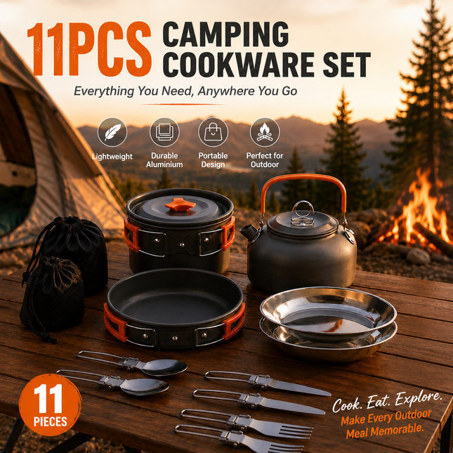 11PCS Orange Camping Cookware Set Lightweight Aluminium Camping Pots Frying Pan Kettle & Stainless