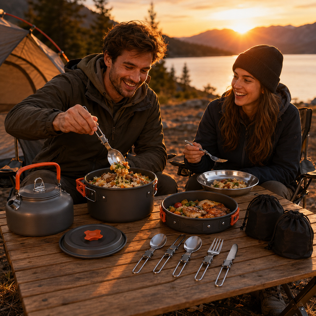 11PCS Orange Camping Cookware Set Lightweight Aluminium Camping Pots Frying Pan Kettle & Stainless – product detail