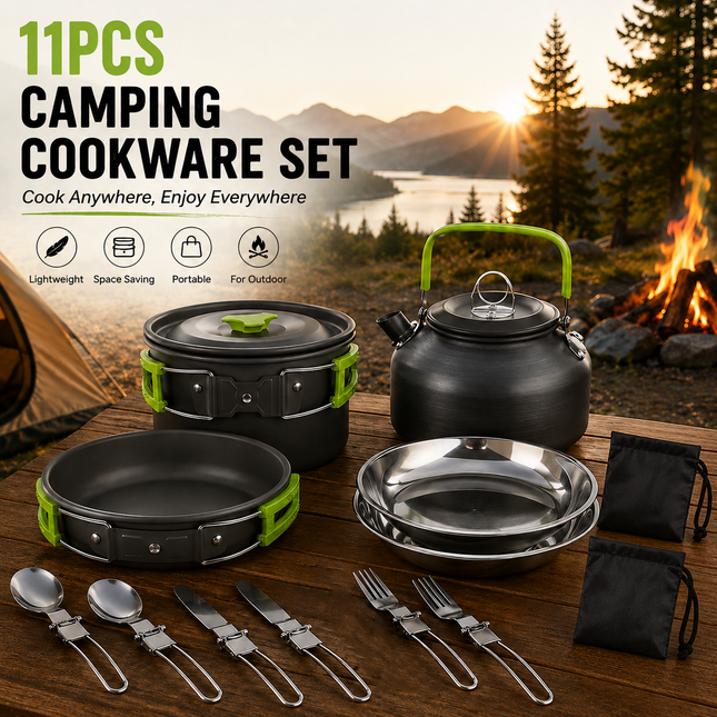 11PCS Green Camping Cookware Set Lightweight Aluminium Camping Pots Frying Pan Kettle & Stainless