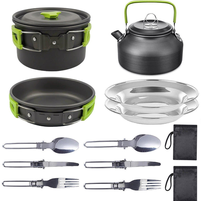 11PCS Green Camping Cookware Set Lightweight Aluminium Camping Pots Frying Pan Kettle & Stainless – product detail
