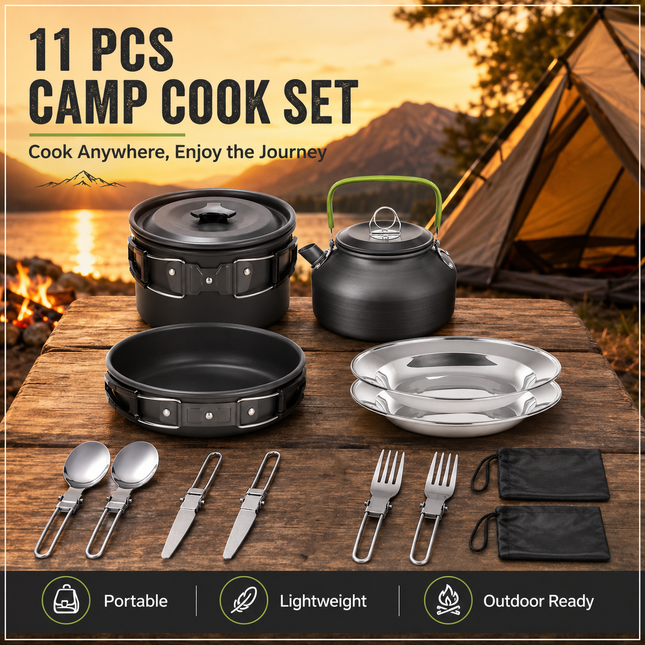 11PCS Black Camping Cookware Set Lightweight Aluminium Camping Pots Frying Pan Kettle & Stainless