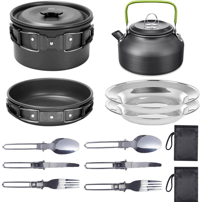 11PCS Black Camping Cookware Set Lightweight Aluminium Camping Pots Frying Pan Kettle & Stainless – product detail