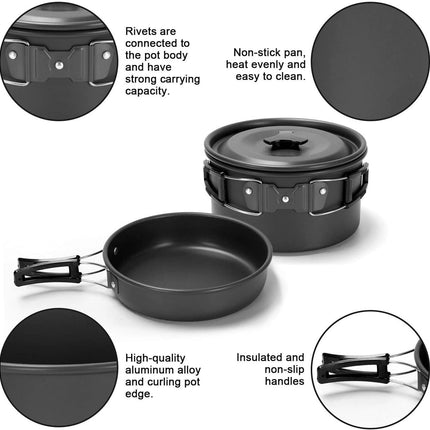 11PCS Black Camping Cookware Set – Lightweight Aluminium Camping Pots, Frying Pan, Kettle & Stainless Steel Cutlery, Portable Non-Stick Outdoor Cooking Set for 2-3 Person Camping, Hiking, Backpacking & Picnic