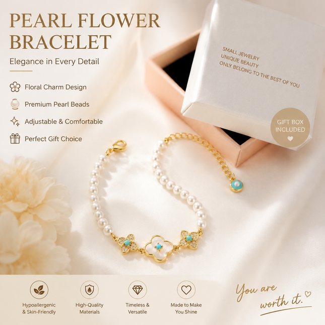 Pearl Flower Bracelet for Women Adjustable Faux Pearl Beaded Bracelet with Gold Floral Charm