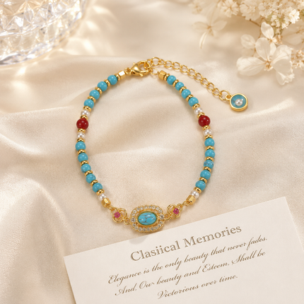 Turquoise Beaded Bracelet for Women – Adjustable Vintage Boho Bracelet with Gold-Tone Oval Charm, Turquoise & Pearl Beads, Lightweight Bohemian Wrist Jewellery
