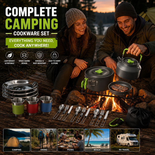 Green Camping Cookware Set for 2 3 People Portable Outdoor Cooking Pot Frying Pan & V888-ELOSUNG54631