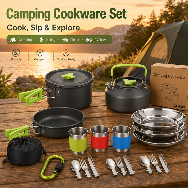 Green Camping Cookware Set for 2 3 People Portable Outdoor Cooking Pot Frying Pan & – product detail