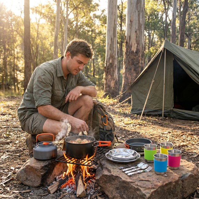 Orange Camping Cookware Set for 2 3 People Portable Outdoor Cooking Pot Frying Pan & – product detail