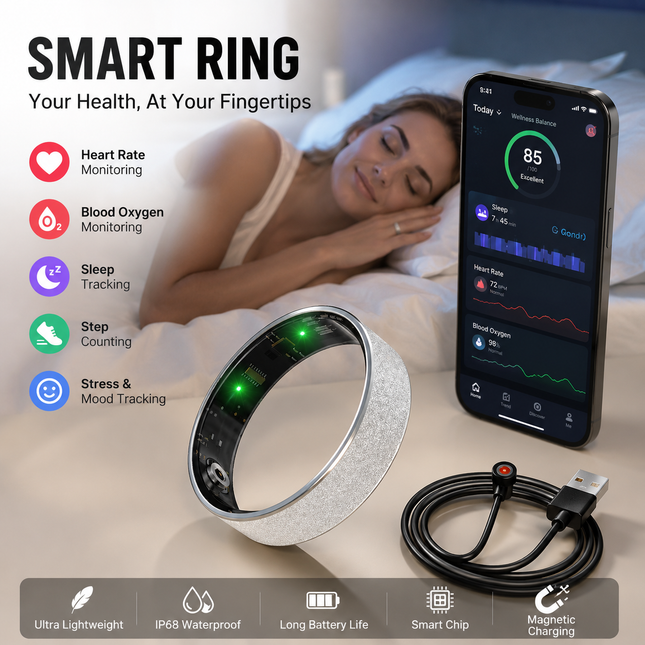 Smart Ring Size 10 (Silver) Frosted Silver Wellness Tracker with Heart Rate Blood Oxygen Sleep