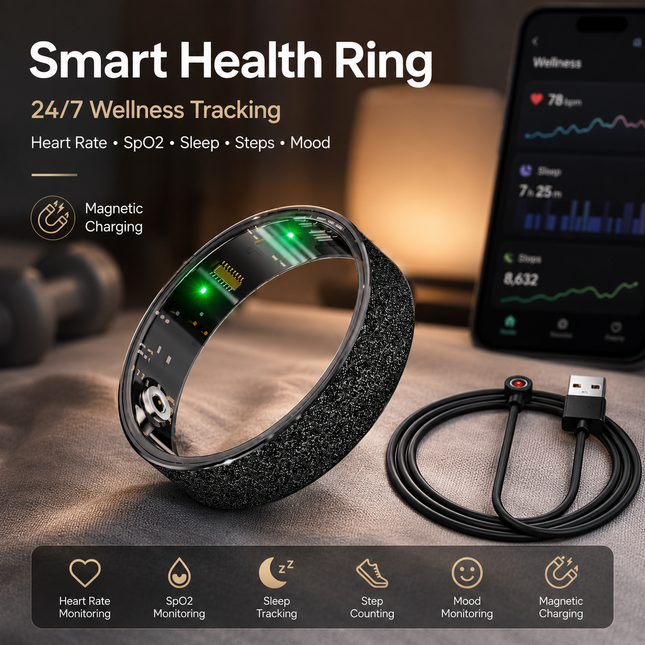 Smart Ring Size 8 (Black) Frosted Black Wellness Tracker with Heart Rate Blood Oxygen Sleep