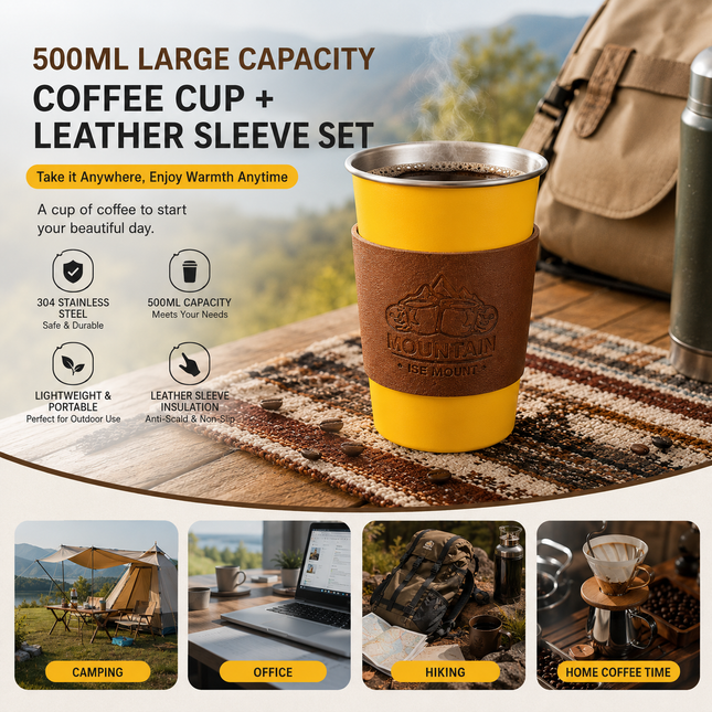 Yellow 304 Stainless Steel Camping Coffee Cup with Leather Sleeve 500ml Portable Outdoor Drinking