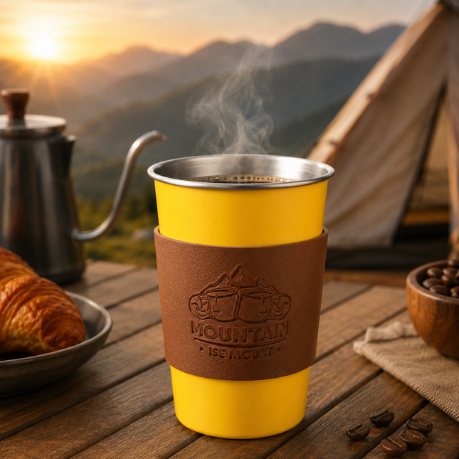 Yellow 304 Stainless Steel Camping Coffee Cup with Leather Sleeve 500ml Portable Outdoor Drinking – product detail
