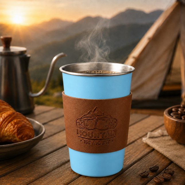 Blue 304 Stainless Steel Camping Coffee Cup with Leather Sleeve 500ml Portable Outdoor Drinking Cup – product detail