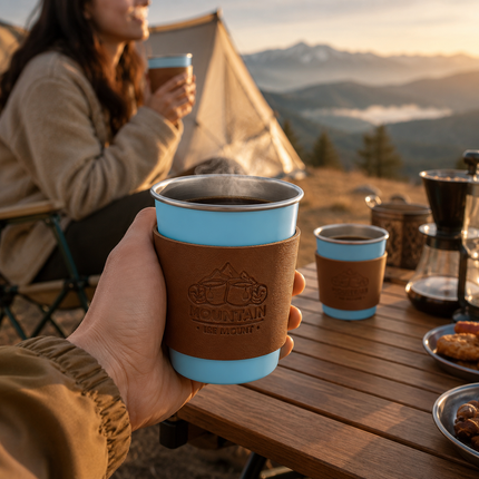 Blue 304 Stainless Steel Camping Coffee Cup  with Leather Sleeve – 500ml Portable Outdoor Drinking Cup, Beer Cup, Travel Mug for Camping, Hiking, Picnic and Daily Coffee