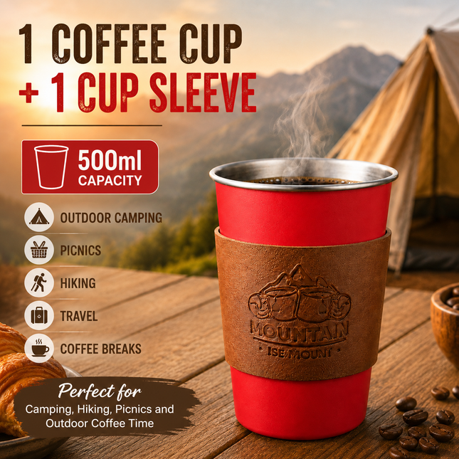 Red 304 Stainless Steel Camping Coffee Cup with Leather Sleeve 500ml Portable Outdoor Drinking Cup
