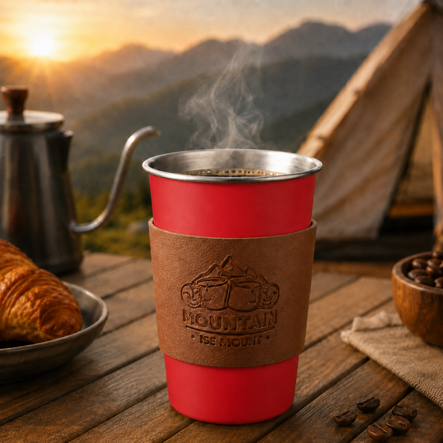 Red 304 Stainless Steel Camping Coffee Cup with Leather Sleeve 500ml Portable Outdoor Drinking Cup – product detail